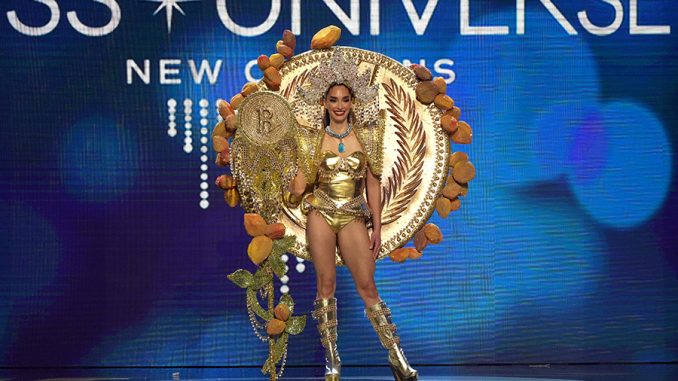 miss El Salvador in national Bitcoin costume at Miss Universe 2022